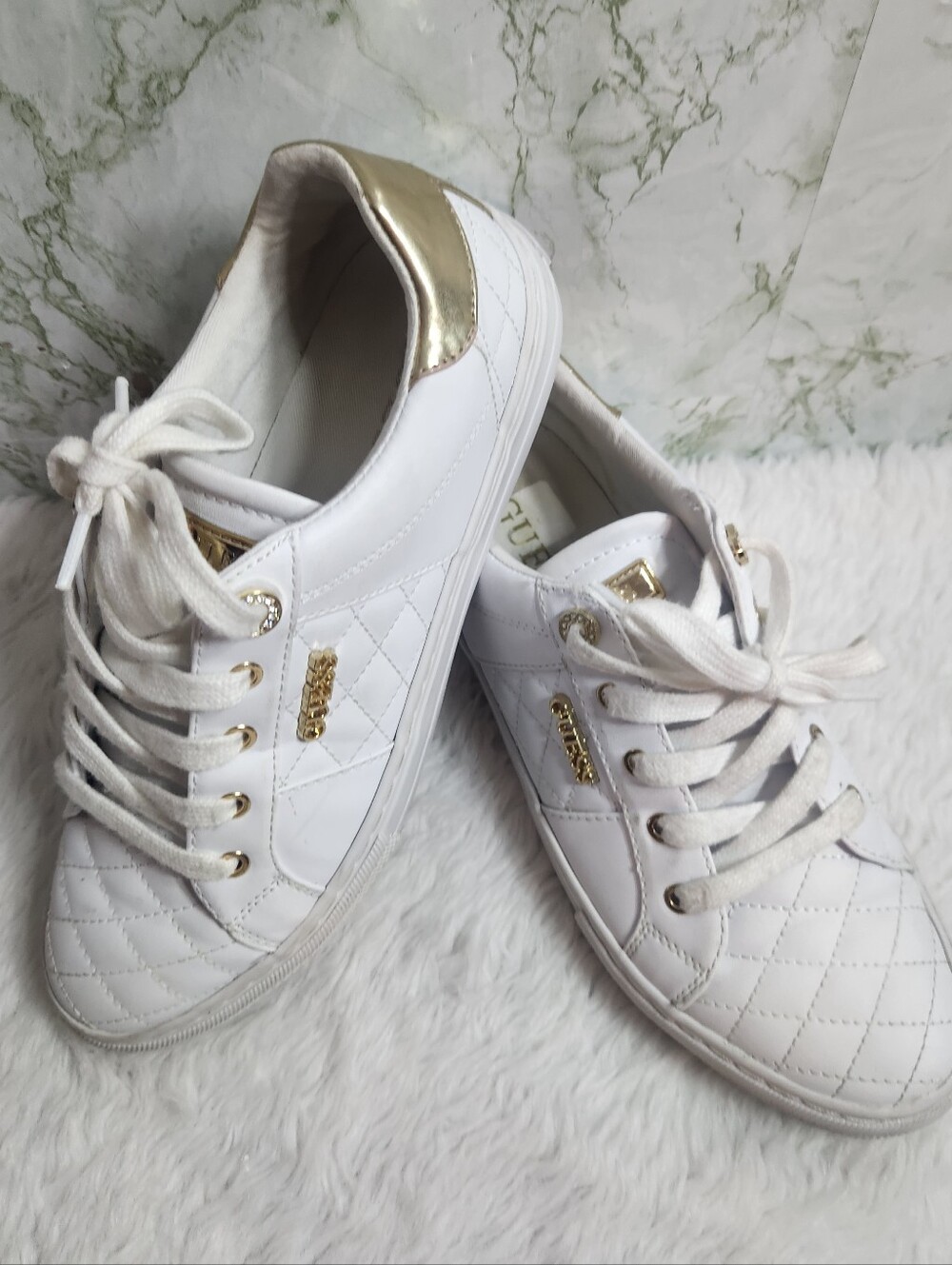 GUESS White Quilted/Gold Accent Sneakers